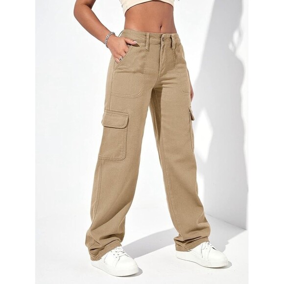 Denim - Women's Wide Leg Cargo Jeans Size 4 Relaxed Fit Denim Beige